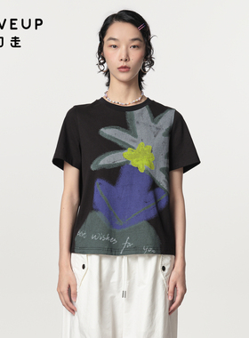 MOVEUP幻走2024春季新款.FUN系列圆领花卉印花短袖纯棉短款T恤女