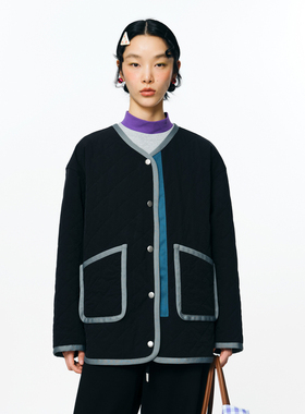 MOVEUP幻走2025秋季新款.FUN系列绣花章仔撞色中长款棉服外套女