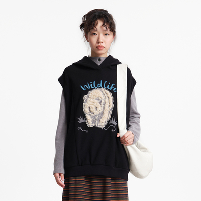 MOVEUP幻走2025冬季新款.FUN系列连帽无袖绣花贴袋短款卫衣女