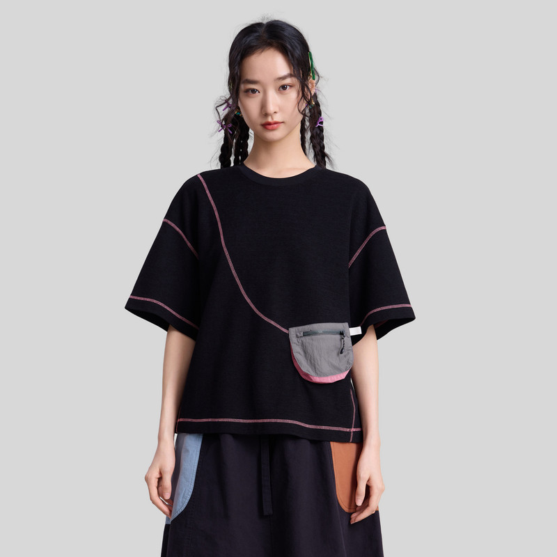 MOVEUP幻走2026春季新款.FUN系列短款圆领撞色线包宽松短袖T恤女