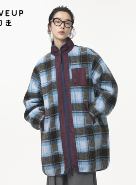 MOVEUP幻走2024秋季新款.FUN系列格纹撞布口袋高领中长款外套女