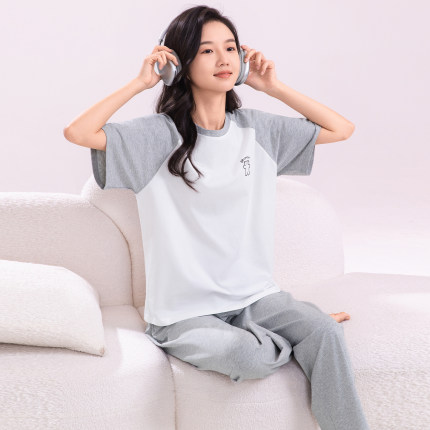 薄款睡衣女夏款青少年初中学生少女短袖长裤带胸垫家居服套装纯棉