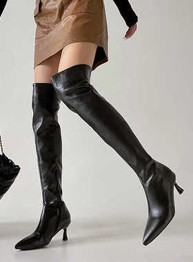 32-48大码秋冬皮鞋女性感侧拉链细高跟过膝弹力长靴白色黑色表演