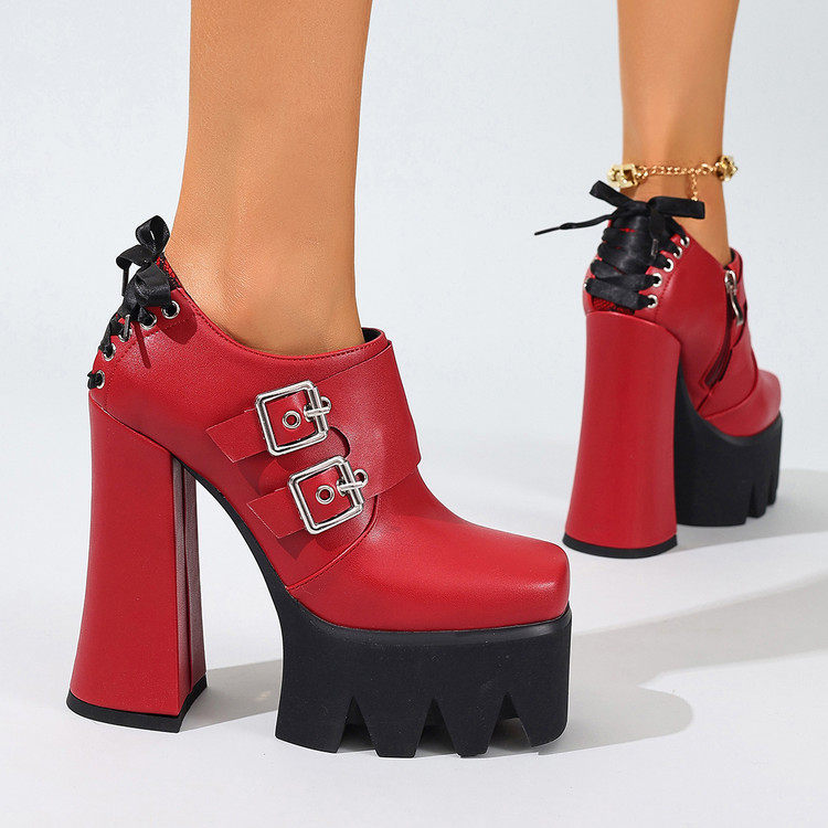 欧美风红色方头高跟短靴女冬季防水台粗跟厚底时装靴外贸大码单鞋,女鞋,深口单鞋,淘宝优惠券,粉丝福利购,淘宝优惠卷