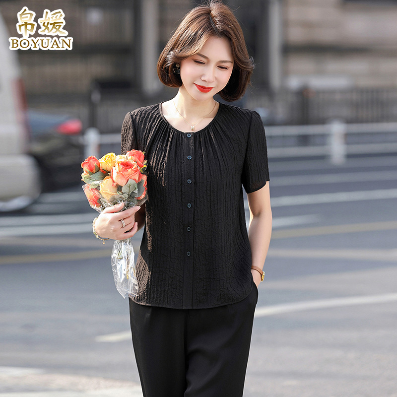 黑色真丝上衣女短款衬衫2025春装