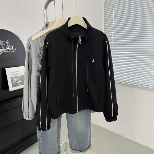 黑色立领休闲运动外套女秋冬加绒刺绣拉链卫衣开衫百搭显瘦夹克衫