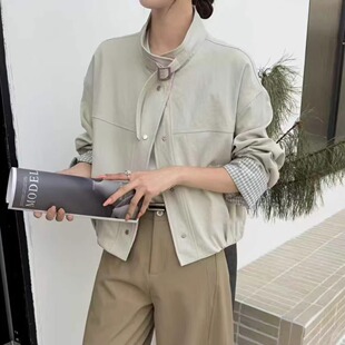 韩代高端品~立领宽松简约外套女春秋季设计感格子拼接棉夹克上衣