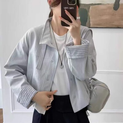 韩系高级蓝色翻领宽松显瘦外套女春秋季格子拼接百搭立领夹克上衣