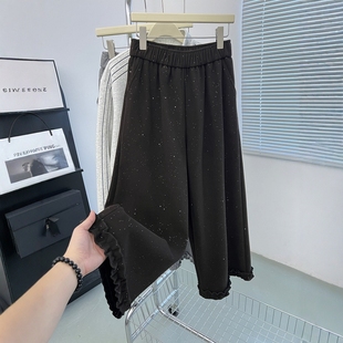 满天星撒银木耳花边休闲裤女秋冬时尚加绒山羊绒毛呢九分阔腿裤子