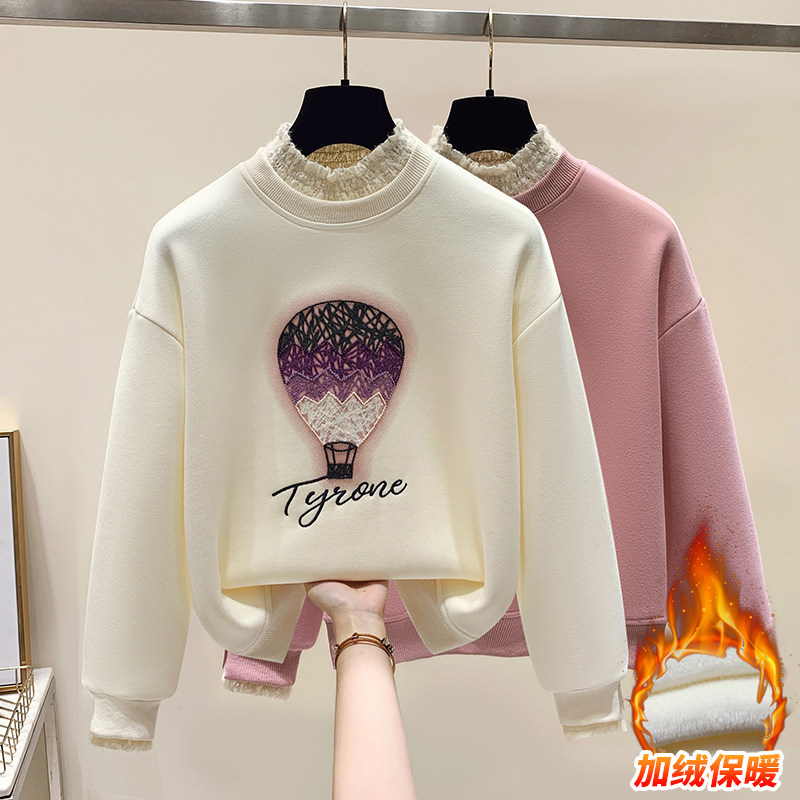 时尚蕾丝半高领加绒卫衣女秋冬保暖刺绣洋气纯棉假两件上衣ins风