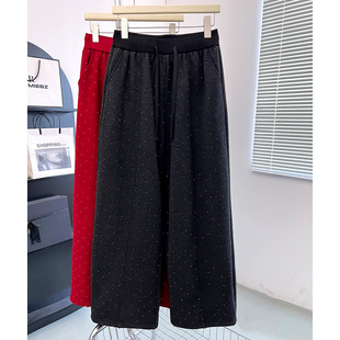 欧货高腰重工烫钻加绒/薄款弯刀阔腿裤卫裤女春秋冬季显瘦休闲裤