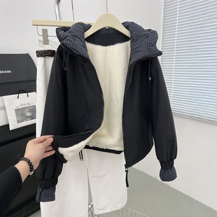 欧货实体兔毛连帽棉外套女秋冬加绒保暖格子拼接休闲夹克上衣棉服