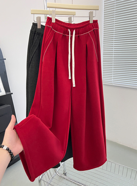 新年红色高端羊绒毛呢休闲裤女秋冬加绒刺绣别致宽松阔腿直筒长裤
