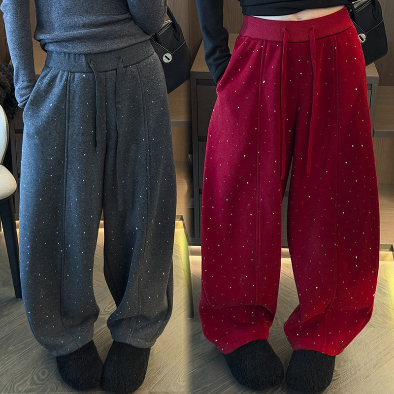 新年红重工烫钻加绒阔腿卫裤女春秋冬新款欧货女装拖地羊绒休闲裤