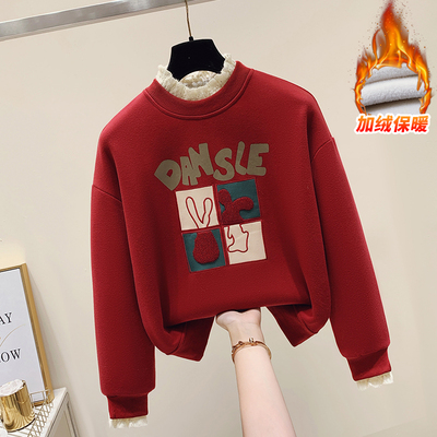 纯棉卫衣女2025新款爆款秋冬加绒假两件上衣半高领蕾丝边短款卫衣