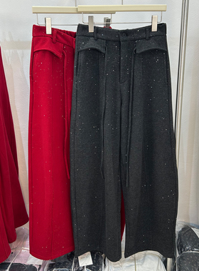 新年红色满天星加绒毛呢休闲裤女秋冬加绒时尚撒银亮闪闪弯刀裤子