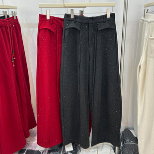 新年红色满天星加绒毛呢休闲裤女秋冬加绒时尚撒银亮闪闪弯刀裤子