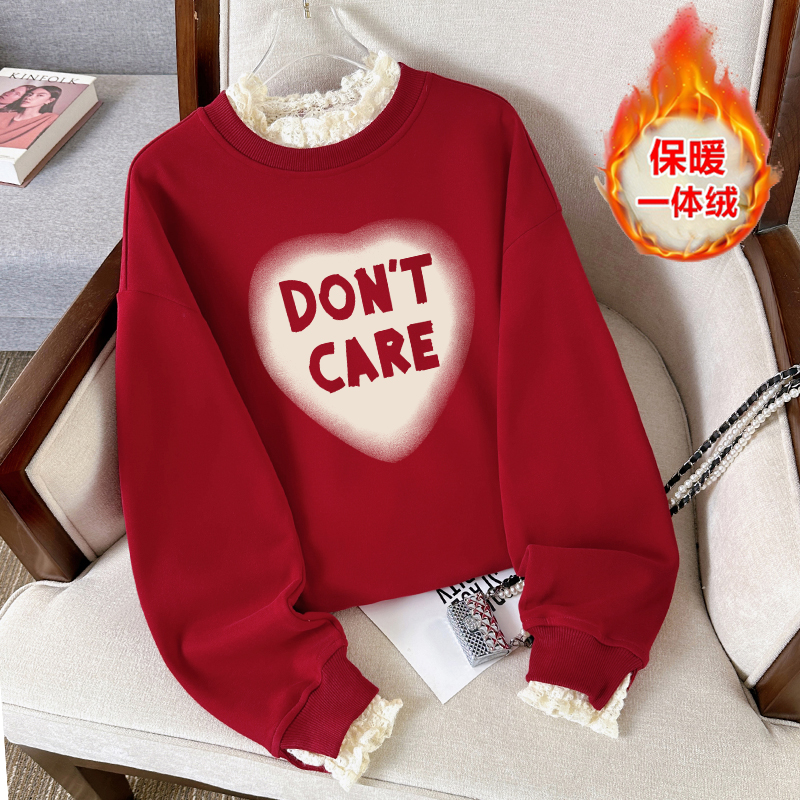 秋冬加绒纯棉红色喜庆卫衣女新款蕾丝假两件短款宽松保暖休闲上衣