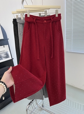 新年红色重工亮闪闪烫钻休闲裤女春秋满天星韩版中缝阔腿直筒长裤