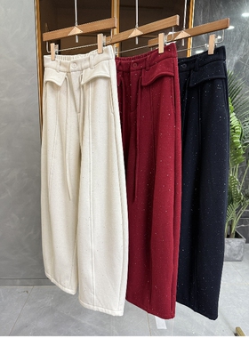 新年红色满天星亮片加绒休闲裤女秋冬时尚品质撒银毛呢阔腿弯刀裤