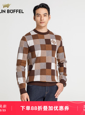 BRAUN BUFFEL/布兰施男士商务休闲格子长袖圆领毛衫保暖羊毛毛衣