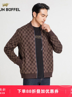 BRAUN BUFFEL/布兰施男士时尚格仔长袖毛衣羊毛混纺毛开衫毛外套