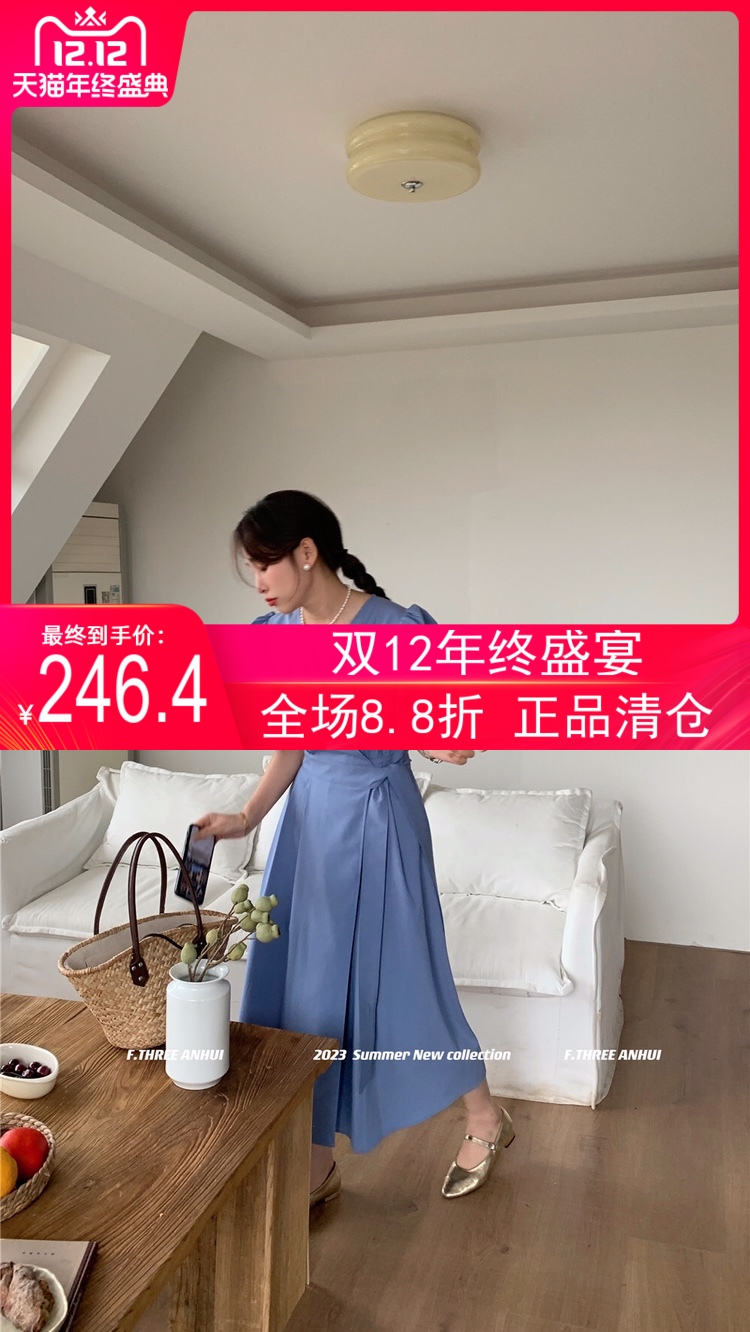 【F.THREE三姐妹】法式纯色收腰泡泡袖V领连衣裙  18172#