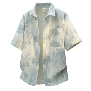 男短袖 衬衫 夏天潮牌全棉水洗翻领衬衣 复古扎染做旧设计感工装 夏季