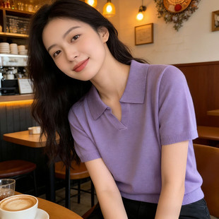 羊毛蚕丝纯色polo领短袖薄款针织衫春夏新款女士宽松打底衫T恤927
