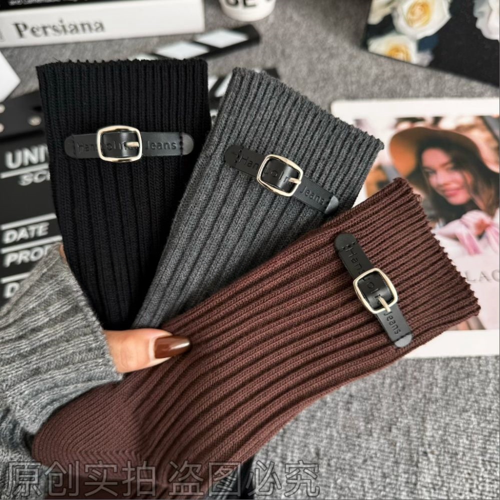 2025新款秋冬欧货款高筒皮带重工双针粗针饰品袜竖条纹女士网红