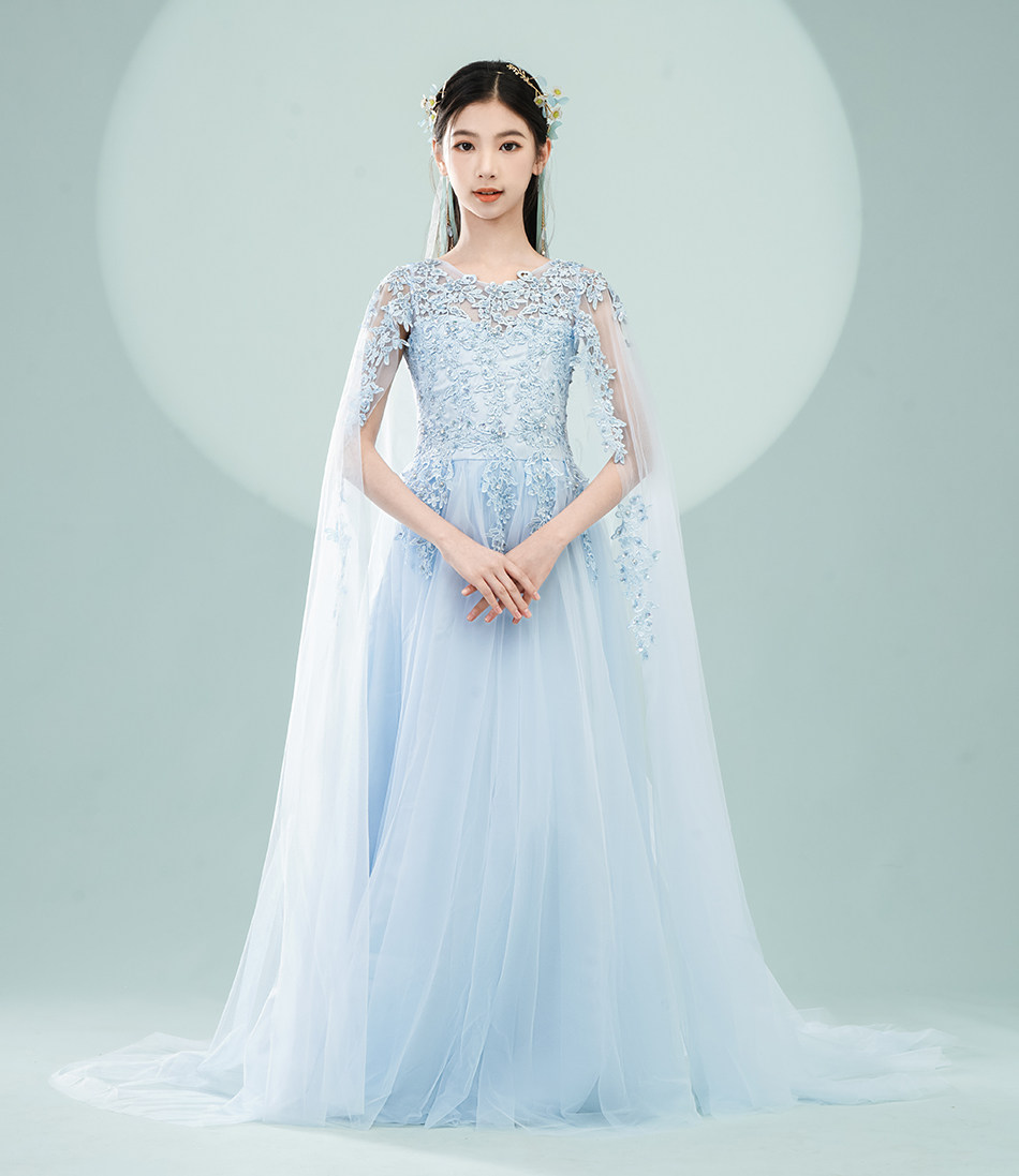 高端中国风女童古筝演出红蓝白色服民乐艺考主持演奏披风礼服春夏