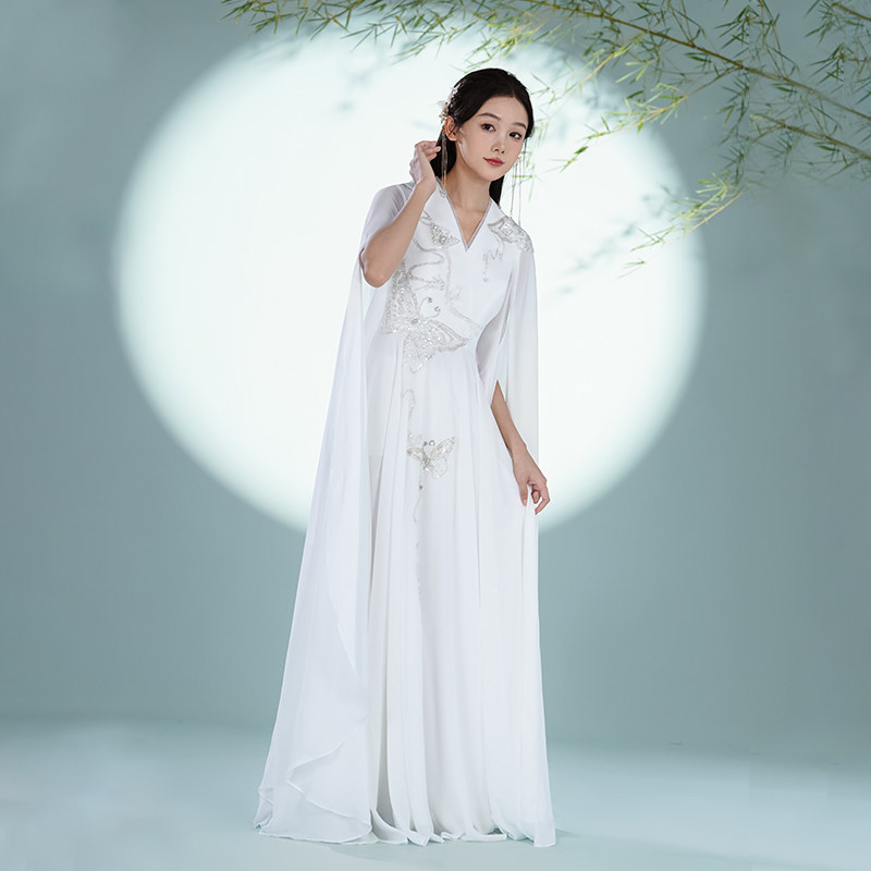 高端蝶舞古琴古筝演奏礼服女艺考简约白色中国风演出服礼服蝶舞