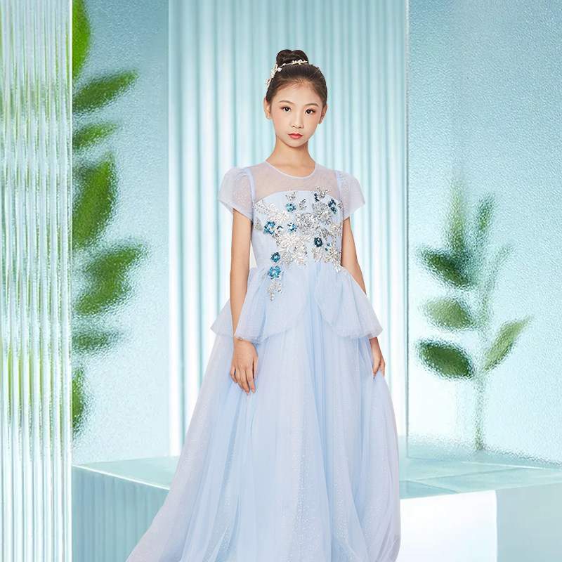 中国风儿童演出服亮片蓝色礼服花童主持人生日宴走秀民乐古筝古琴