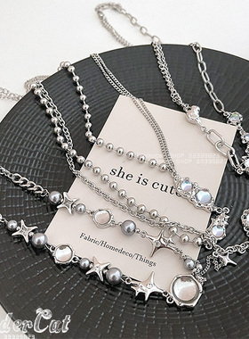 STAYC朴莳恩SIEUN同款琉璃猫眼珍珠水钻星星十字架链条项链