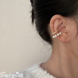 Pearl Earcuffs 珍珠装饰拧花双层C形无耳洞耳骨夹耳夹