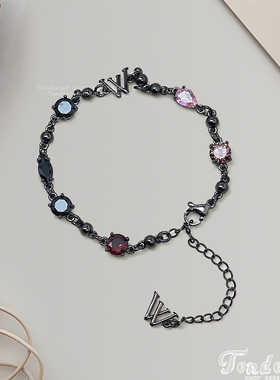 潮酷枪黑色字母W彩色锆石手链