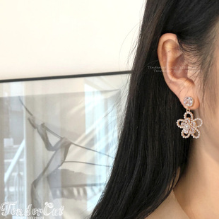 Cubic Flower Earrings 甜美锆石镂空珍珠双层花朵坠方形水钻耳环