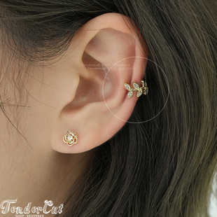 Cubic Leaf Earcuffs 小清新镶钻叶子C形耳廓无洞耳夹