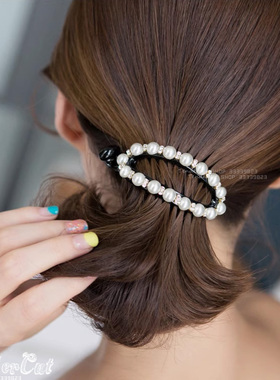 Pearl Female Half  Hairclip 优雅珍珠水钻镂空椭圆横向香蕉夹