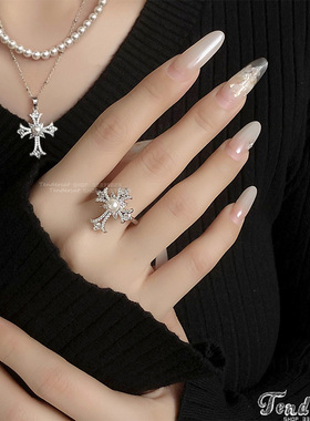 水钻十字架戒指珍珠串双层项链