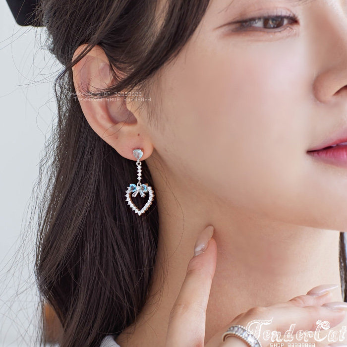 Ribbon Heart Cubic Drop Earring 蓝色爱心锆石蝴蝶结耳环