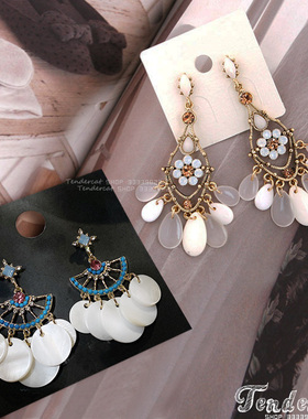 Flame queen earrings波西米亚风天然贝壳圆片流苏坠水滴复古耳环