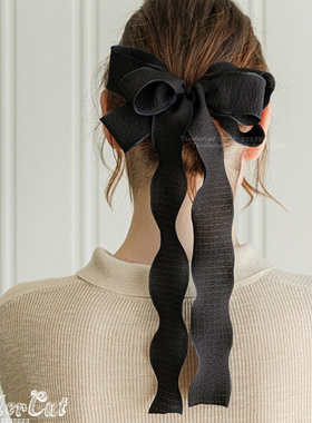 Black Bow Hairpin 小香风超长飘带多层黑色蝴蝶结弹簧夹发夹