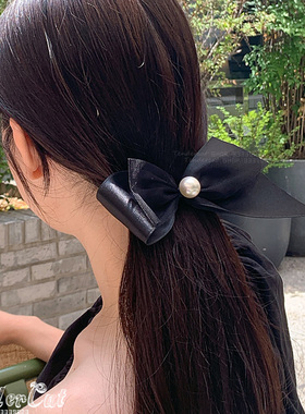 Reneya Pearl Black Bow HairPin珍珠装饰网纱缎带黑色蝴蝶结发夹