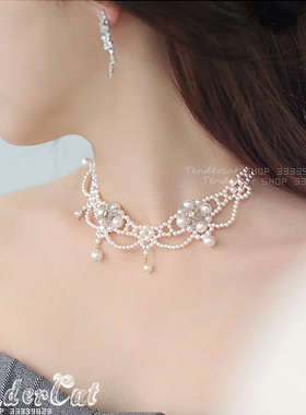 小香风水钻珍珠花朵短项链