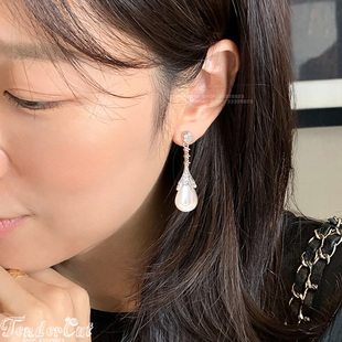 优雅水钻花朵满钻树叶水滴形珍珠坠耳环 Earrings Drop Pearl