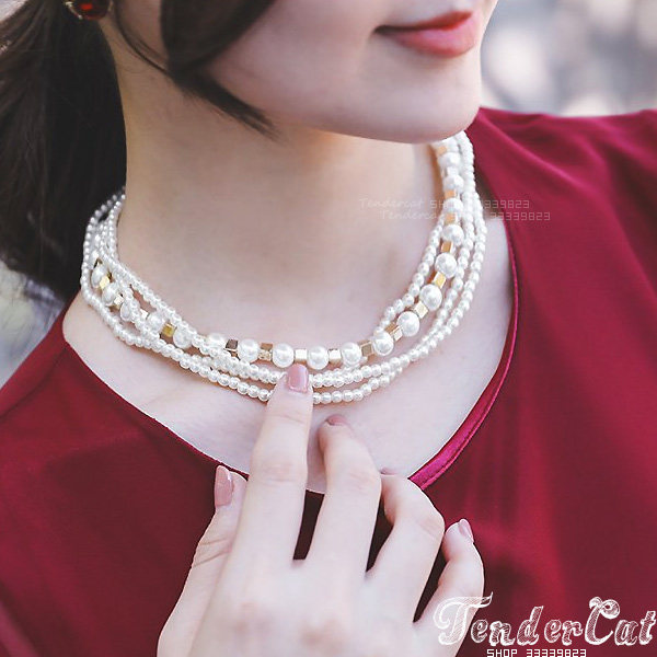 金色方块项链珍珠多层女