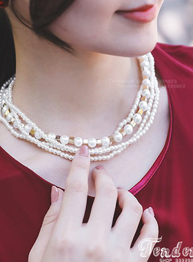 金色方块项链珍珠多层女