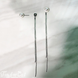 Pearl Snake Chain Earrings优雅珍珠耳钉蛇骨流苏链坠后挂式耳环
