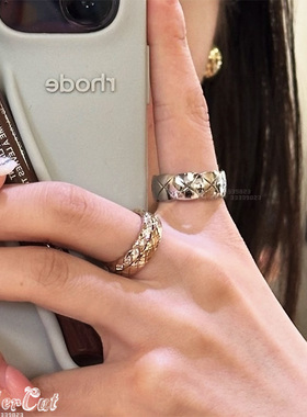 波浪形宽版指环复古菱形格纹戒指